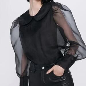 Zara Women's Black Peter Pan Collar Organza Sheer Back Blouse Size Small